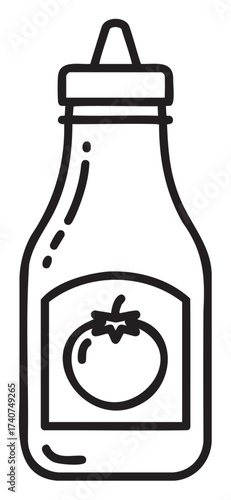 Black outline illustration of a simple sauce bottle with a tomato label, showcasing a minimalist design for food and condiment themes.