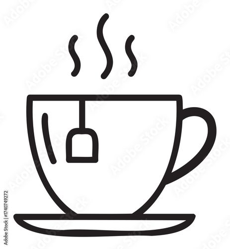 Simple black outline vector of a steaming teacup with a tea bag on a saucer.