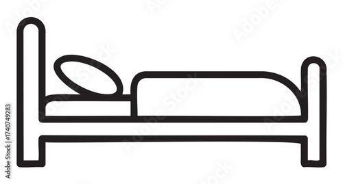 Black outline icon of a simple bed with a pillow and blanket, representing a minimalist bedroom concept.