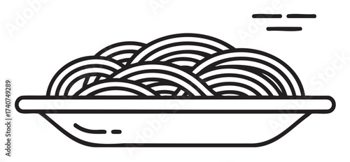 Black outline vector icon of a simple plate of spaghetti with stylized steam lines above, indicating hot food. minimal linear illustration for culinary and dining concepts.