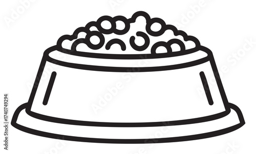 Black outline icon of a pet food bowl filled with dry kibble, showcasing a simple design for animal care and feeding concepts.