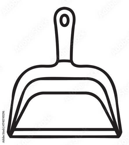 Black outline of a simple, hand-held dustpan with a short handle for household cleaning tasks.
