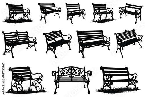 Collection of black silhouette park benches on white background