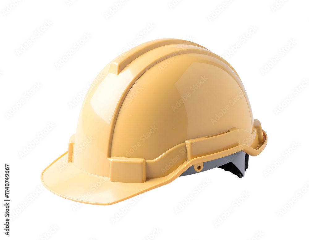 Fototapeta premium Yellow safety headgear, a protective hard hat, isolated on a stark black backdrop