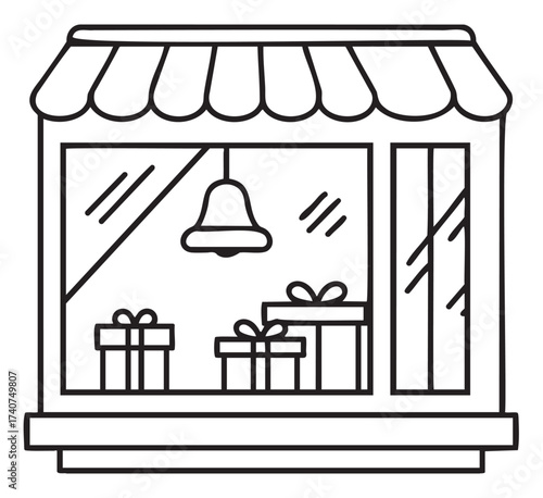 Black outline icon of a storefront with an awning, displaying three wrapped gift boxes and a hanging bell.