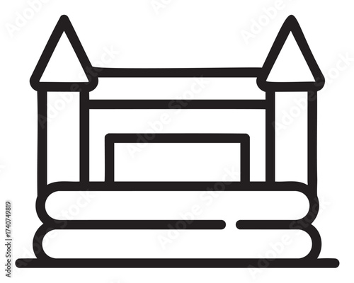 Black outline vector icon of a rectangular inflatable bounce house with two pointed towers. simple illustration for recreational and entertainment concepts.