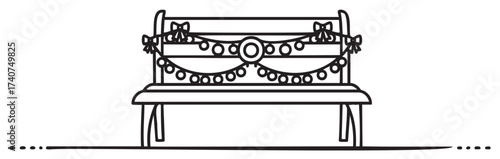 Black outline of a simple park bench adorned with decorative garlands and bows, providing a festive appearance.