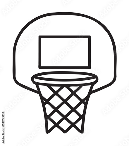 Black outline icon of a classic basketball hoop with a net, featuring a backboard in a minimalist style.