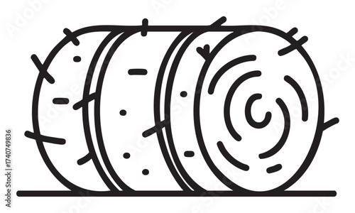 Black outline of a hay bale featuring cylindrical shape with detailed textured lines and straw protrusions, ideal for agricultural and farming concepts.
