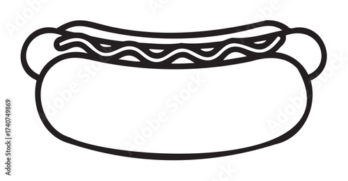 Black outline of a simple hot dog with a wavy line representing sauce on top, illustrating a classic fast food item.