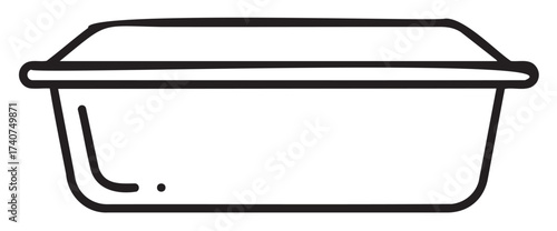 Black outline of a rectangular plastic storage container with a closed lid, depicted in a minimal and linear style.