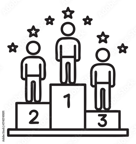 Black outline icon of a three-tier victory podium with three human figures and stars, signifying first, second, and third place achievements.