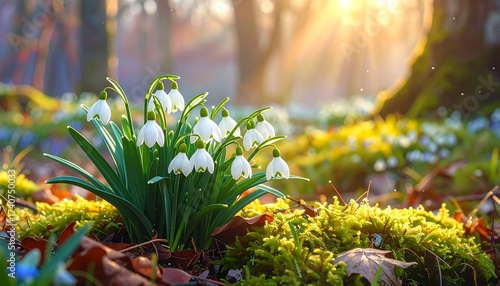 Beautiful snowdrop flowers blossoming in a sunny forest during springtime
