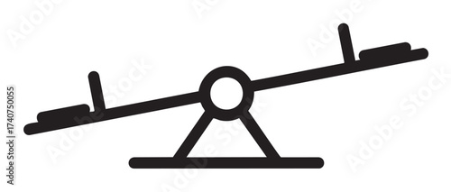 Black outline of a simple seesaw or teeter-totter with balanced seats on either side. minimalist design for playground and childhood concepts.