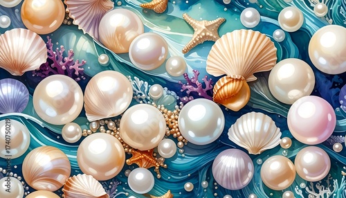 Fototapeta Naklejka Na Ścianę i Meble -  Beautiful sea shells and pearls on a vibrant blue watercolor background
