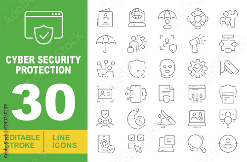 Cyber Security Protection line icon set. Editable stroke icons for website. Containing document, laptop, umbrella, lifebuoy, wrench, umbrella, gear, user, megaphone, network, shield, person, id card.