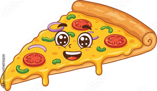 Cute cartoon pizza slice with smiling face, melted cheese, tomato, onion, green pepper toppings, happy food mascot vector illustration