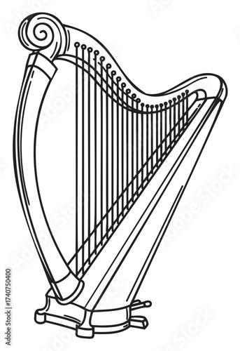Black outline of a classical harp, showing intricate detailing of strings and a decorative scroll, symbolizing musical elegance and craftsmanship.