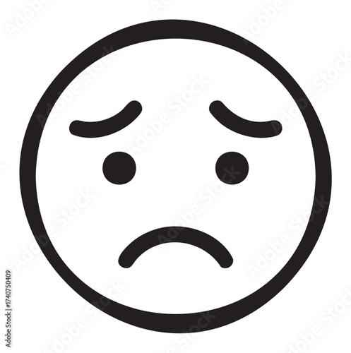 Black outline of a simple, sad face emoji with a frowning mouth and raised eyebrows, conveying an expression of sadness.