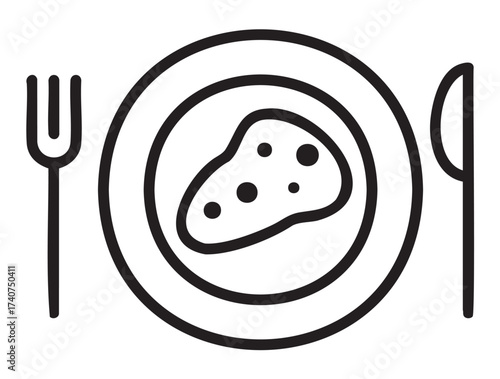 Black outline icon of a dinner plate with a steak, flanked by a fork and knife, representing dining and culinary concepts.