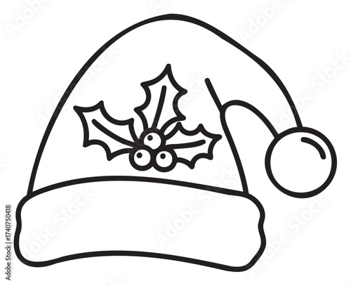 Black outline illustration of a santa hat adorned with holly leaves and berries on the front, featuring a pom-pom at the tip.