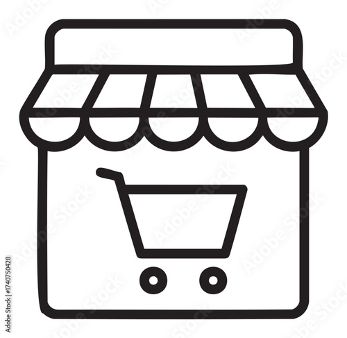 Black outline icon of a storefront with an awning and a shopping cart symbol depicting a retail or online store concept.