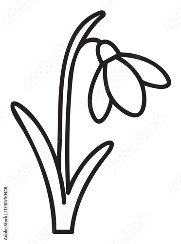 Simple black outline icon of a snowdrop flower with leaves, showcasing a minimal linear design for botanical and nature concepts.