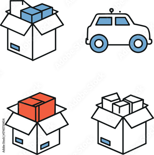 Logistics and packaging icons with cardboard boxes, delivery car, shipping blocks, transport system, storage, distribution, e-commerce, supply chain illustration