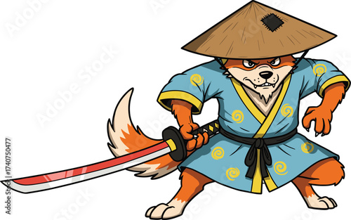 Samurai warrior dog cartoon character holding sword, wearing traditional blue kimono and straw hat, fierce ninja fighter animal vector illustration