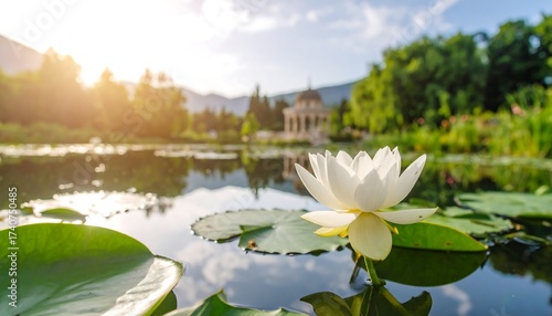 Serene lotus pond at sunrise