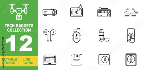 Tech Gadgets Collection set of web icons in line style. Containing a drone, a projector, a tablet with a stylus, a radio, and 3D glasses, wireless earbuds, a computer mouse. Editable stroke