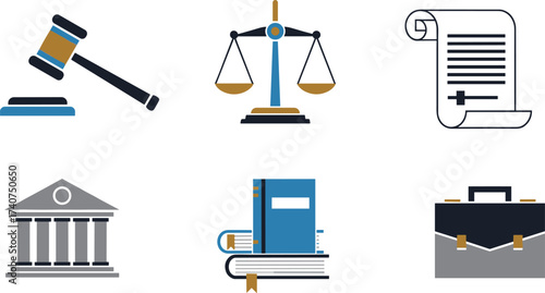 Law and justice icons with gavel, scales, courthouse, legal document, law books, briefcase, legal system, court authority, professional practice