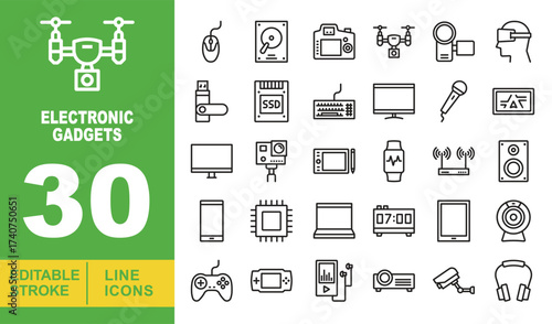 Electronic Gadgets set of web icons in line style. Containing a computer mouse, a hard drive, a camera, a drone, a camera with a magnifying glass, VR goggles, a USB drive, an SSD. Editable stroke