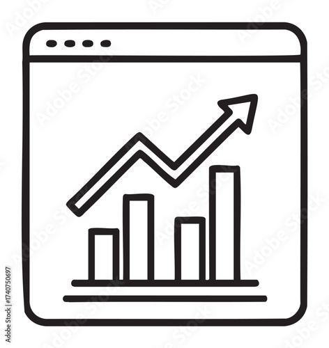 Black outline icon of a browser window displaying an upward trending line graph with bar chart. minimalist illustration for data analysis and growth concepts.