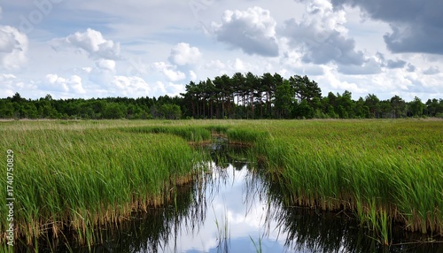 Serene marsh landscape under a cloudy sky
