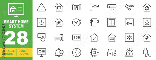Smart Home System set of web icons in line style. Containing a monitor displaying a house, an exclamation mark within a triangle, a house with a computer monitor, a building. Editable stroke