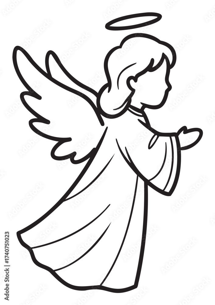 Fototapeta premium Black outline of an angel with wings and halo, wearing a robe and extending hands forward in a graceful pose.