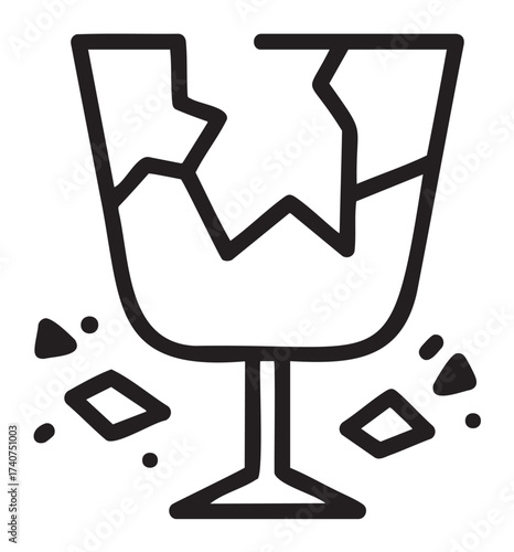 Black outline icon of a broken wine glass with sharp cracks and scattered shards, symbolizing fragility and destruction.
