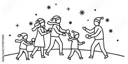 Black outline drawing of a joyful family with two young children and two adults having a snowball fight while wearing winter clothing and hats in a snowy setting.