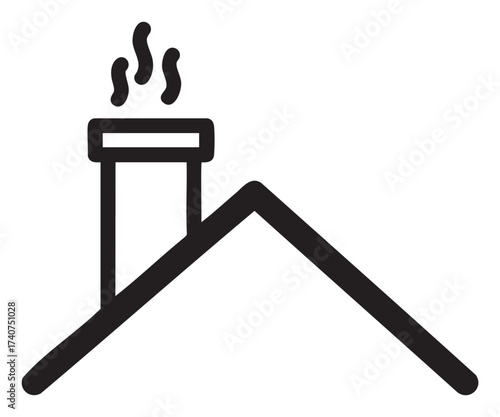 Black outline vector icon of a house roof with a chimney emitting curvy smoke lines, symbolizing warmth and home comfort.