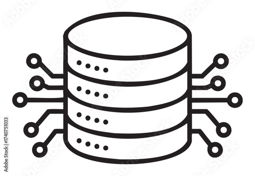 Black outline icon of a server database with three horizontal layers and connecting lines symbolizing data connections.
