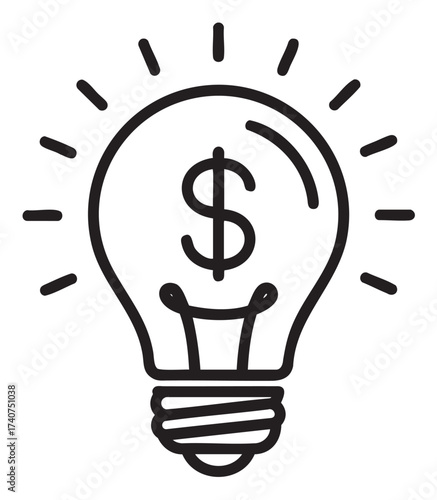 Black outline vector icon depicting a light bulb with a dollar sign inside, symbolizing a profitable idea or financial innovation.