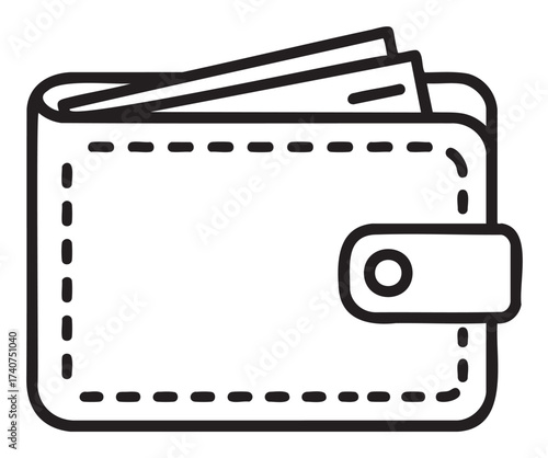 Black outline icon of a simple closed wallet with a button clasp, containing bills, illustrating personal finance and savings concepts.