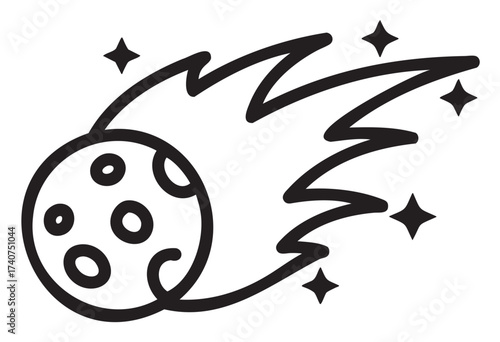 Black outline icon of a comet with a fiery tail and star shapes, symbolizing speed and cosmic travel.