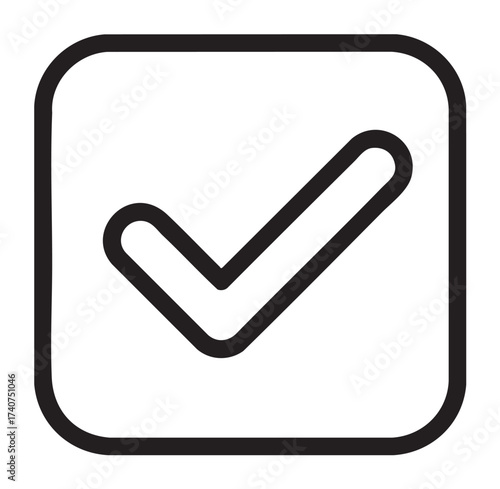 Bold black outline of a checkmark inside a square, symbolizing completion, approval, or correctness in a minimalist style.