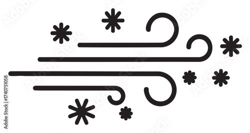 Black outline icon of swirling wind with spirals and snowflakes, representing weather and winter concepts.
