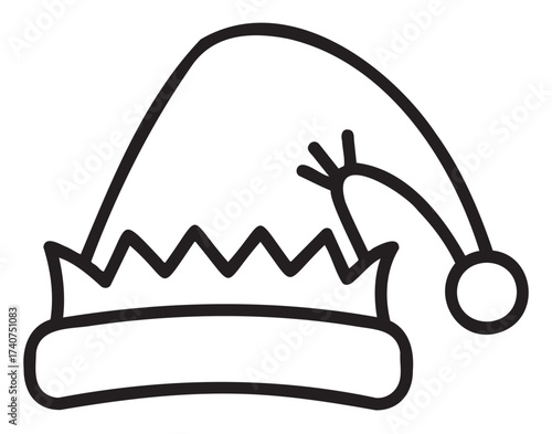 Simple black outline vector icon of a christmas elf hat with a jagged brim and pom-pom. suitable for holiday and festive concept illustrations.