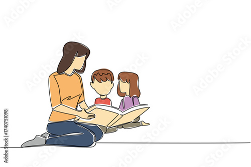 Continuous one line drawing a female babysitter sits on the floor reading book to a boy and a girl. The nanny doing her job wisely. National Babysitter Day. Single line draw design vector illustration