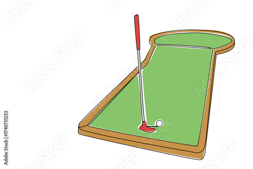 Single one line drawing mini golf stick and golf ball on the mini golf field. A set of necessities for exercising. Outdoor sports. National Mini Golf Day. Continuous line design graphic illustration