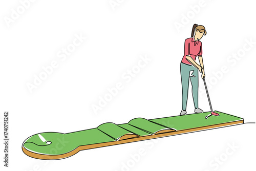 Continuous one line drawing a woman wants to hit the ball on a mini golf course. Light training before joining the championship. National Mini Golf Day. Single line draw design vector illustration
